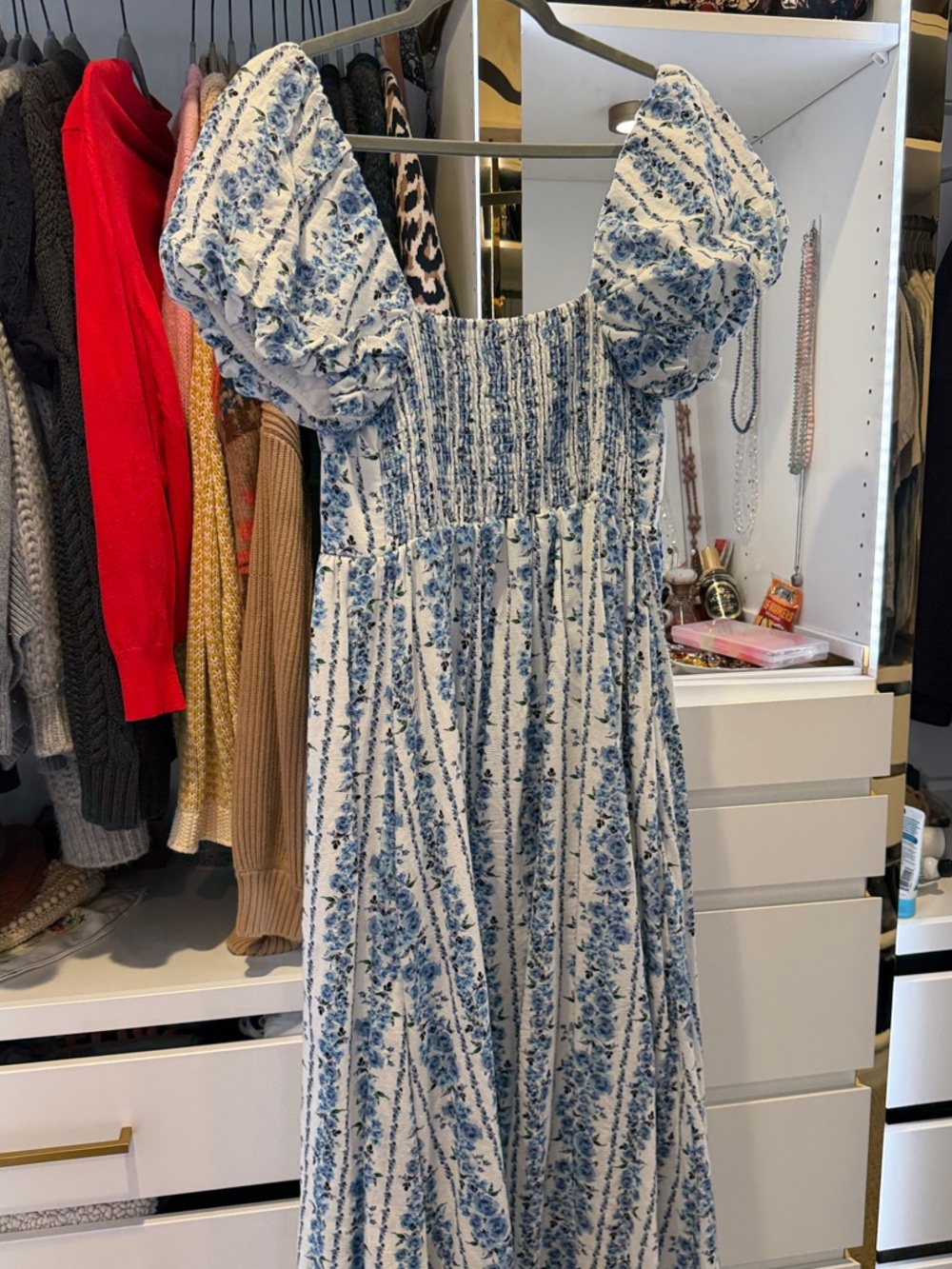 Show Me Your MuMu Blue Belle and White Floral Puff-Sleeve Midi Dress medium - Picture 4 of 4